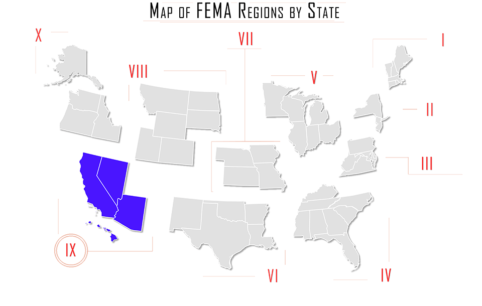 FEMA region ix, FEMA region 9, map with Arizona AZ, California CA, Nevada NV, and Hawaii HI